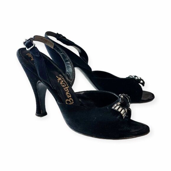 Vintage Herbert Levine Black Suede Rhinestone Bow Slingback Heels 1940-50s Sz 6M - Picture 4 of 16